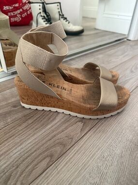 Anne Klein Taupe Cork Wedge Sandals with Ankle Wrap